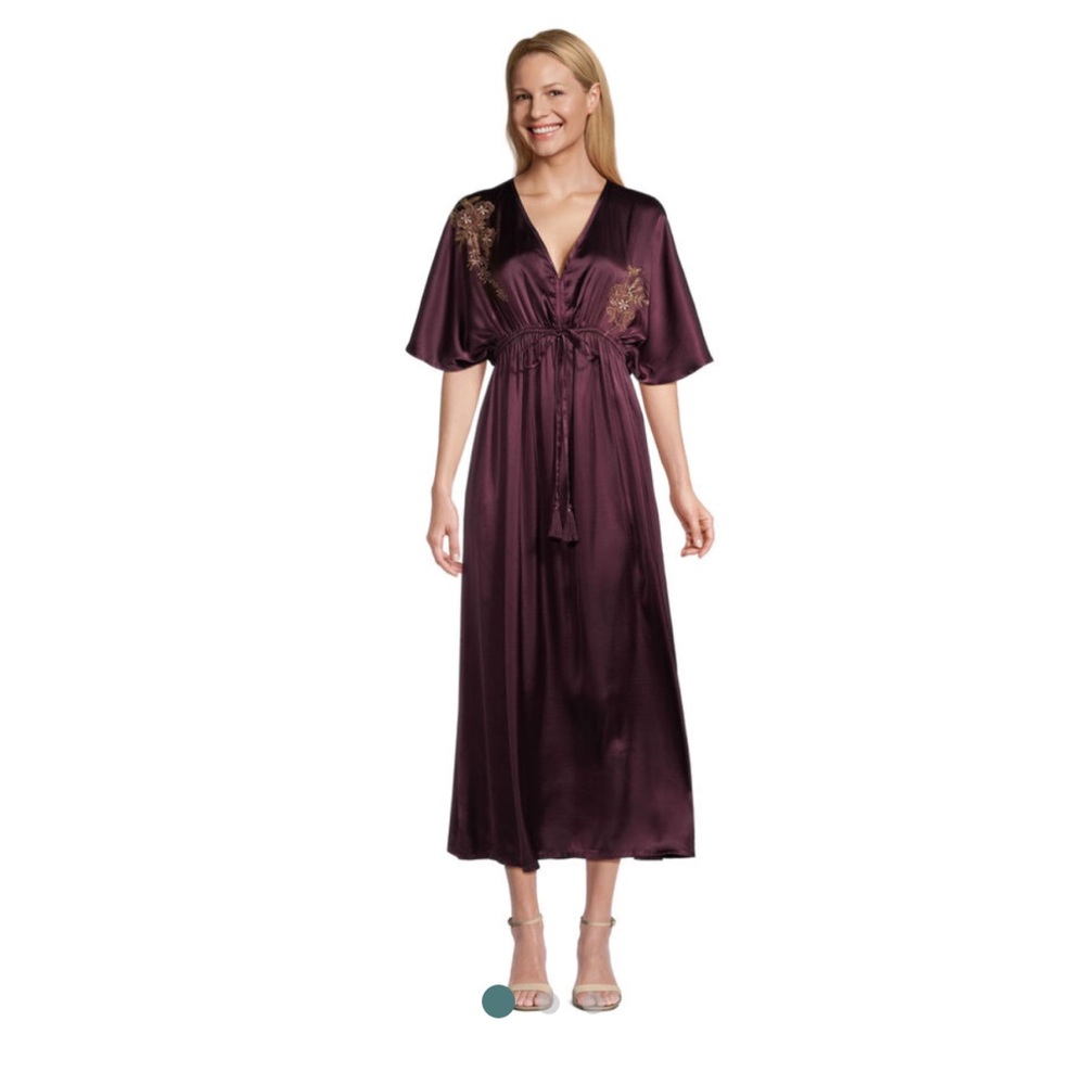 Cost Plus World Market Deep Plum Satin Maxi Dress with Gold Embroidery